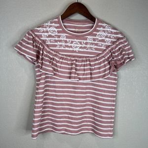 Kate Spade Women's Embroidered Ruffle Short Sleeve Blouse‎ Top Pink White Size S